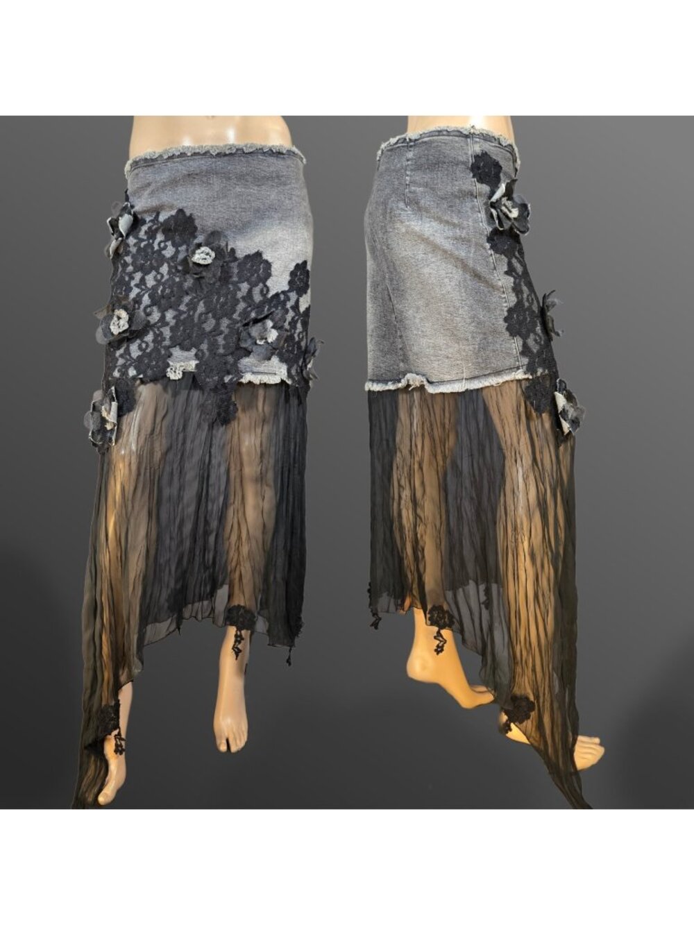Y2K Denim Chiffon Asymmetrical Skirt Euro Grunge Fairy Witchy Whimsigoth Size M